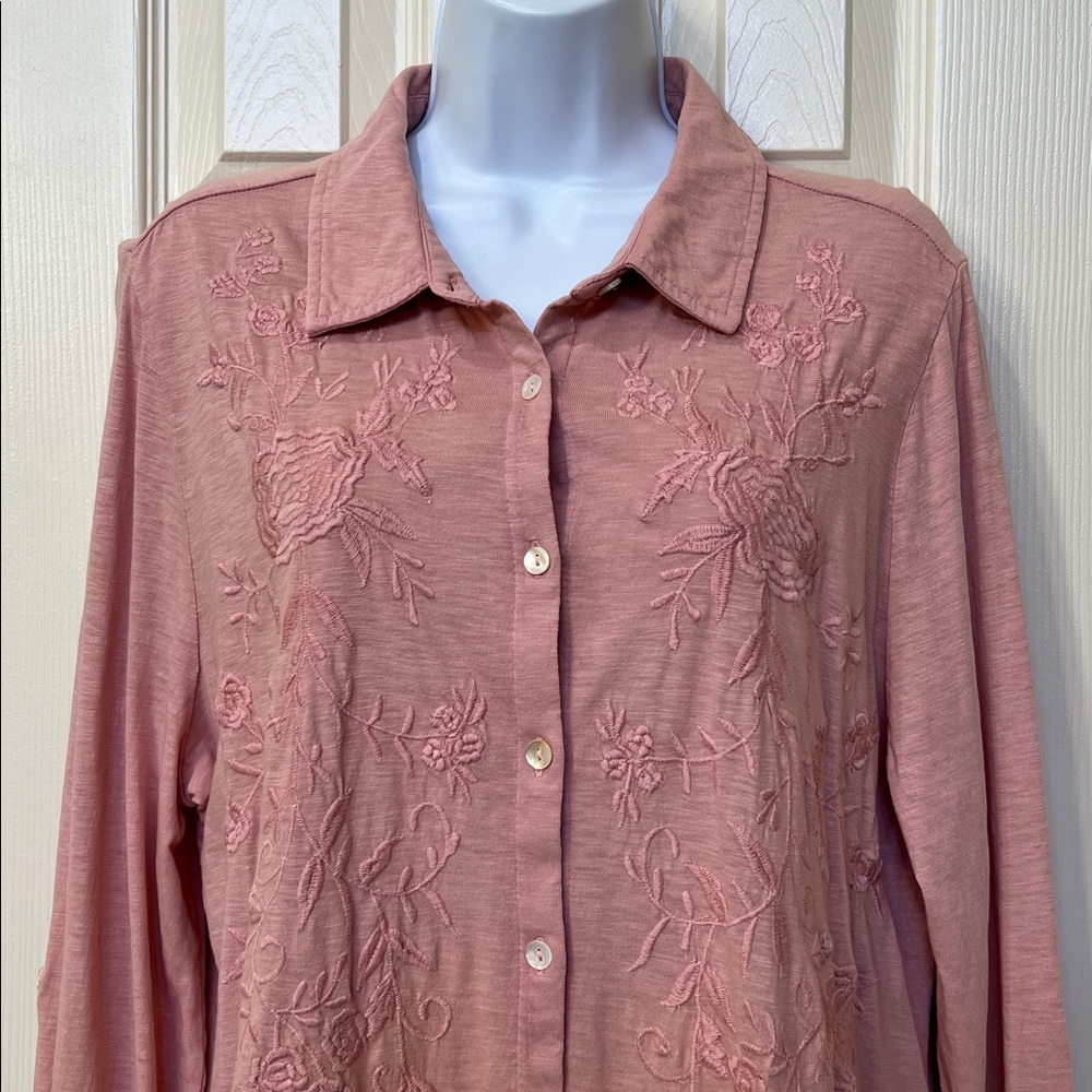 Soft Surroundings Women's Dusty Rose Embroidered Button Up Shirt Sz XL Boho Art